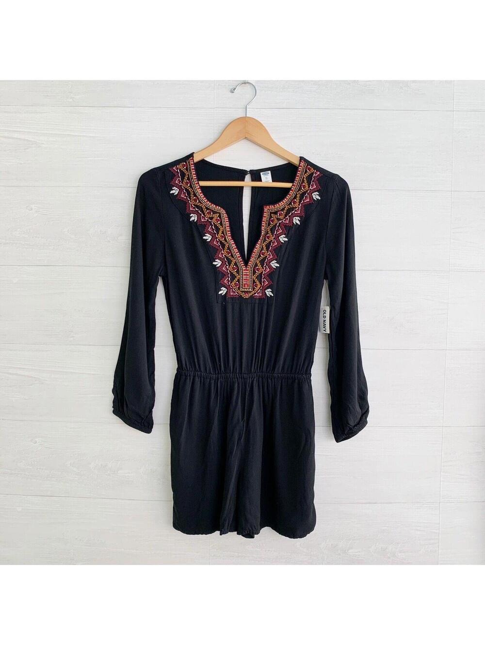 NWT Old Navy Black Embroidered V Neck Long Sleeve Romper XS Boho Rayon